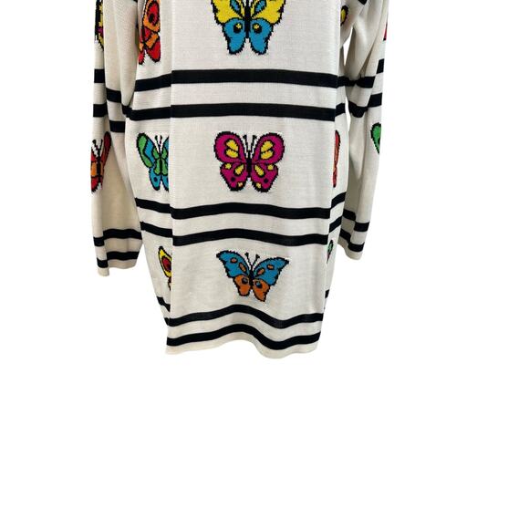 Escada Vintage Sweater Butterfly Stripe Print Cotton Cream Black Size 36 US 6 - Picture 4 of 12